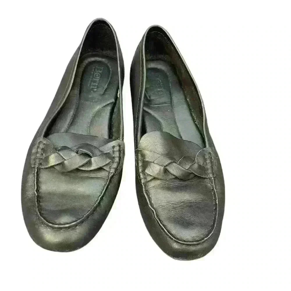 Born Black Womens Shoes Leather Slip On  Flat Loafers - Size 8M